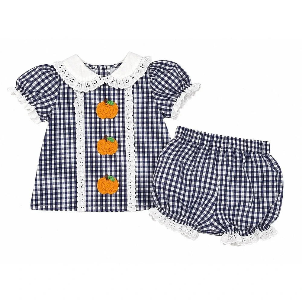 Baby Girl Pumpkin Bloomer Set 12M Navy Gingham Smocked Cottagecore Fall